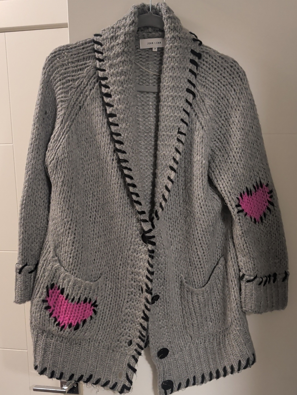 John + Jenn Gray Chunky Cardigan with Pink Heart Accents